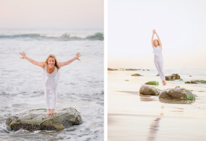 Melanee standing in yoga poses on the beach