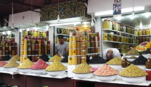 A lot of different olives at a Moroccan market