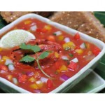 Vegetable Gazpacho soup in a square bowl