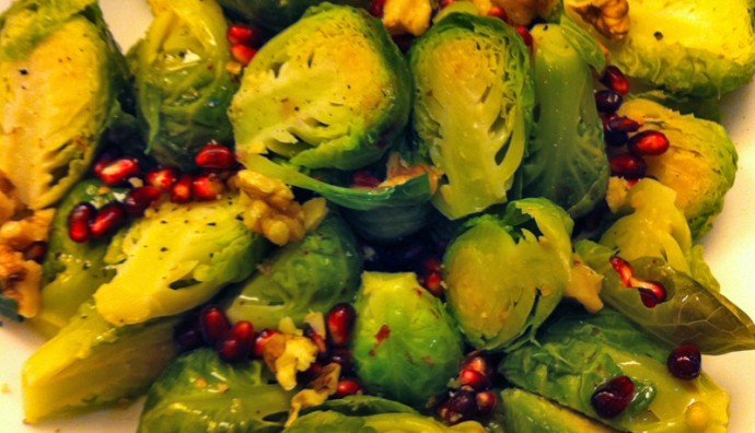 Steamed Brussels Sprouts with Pomegranate and Walnuts