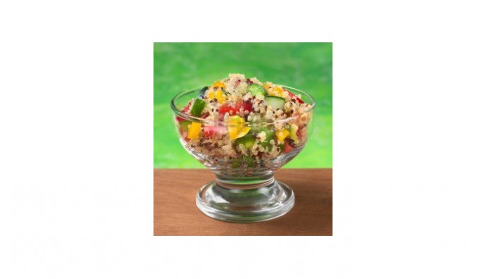 Vegetable quinoa salad in a glass bowl