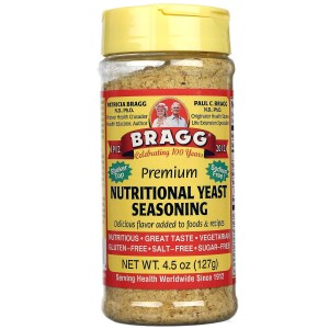 A labeled jar of nutritional yeast