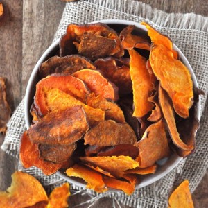 Baked sweet potato chips in a bowl