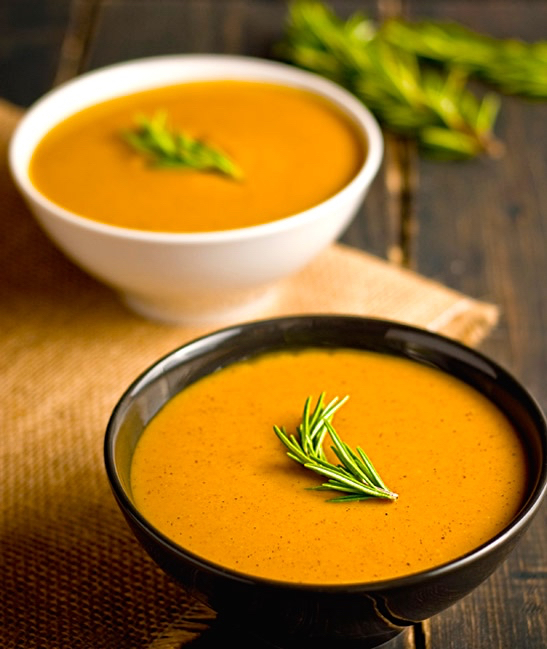 Two bowls of roasted butternut squash soup